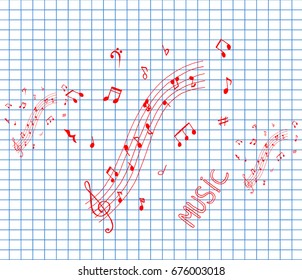 Music notes on copybook background. Set of music notes. Music notes.Music notes on stave. Vector illustration.