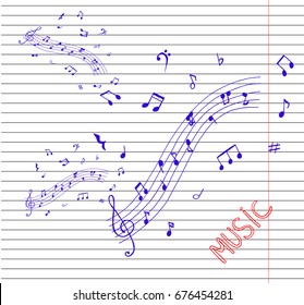 Music notes on copybook background. Set of music notes. Music notes.Music notes on stave. Vector illustration.