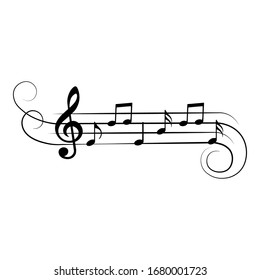 Music notes on curved lines with swirls, vector illustration.