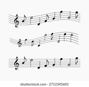 Notas de música en las líneas de colección. Acordes musicales con curvas y remolinos