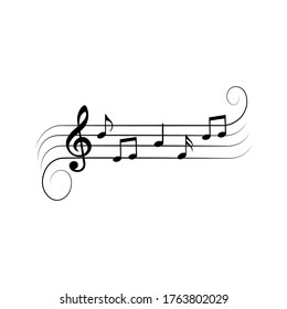 Music notes on lines with swirls, vector illustration.