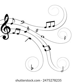 Music notes on lines with swirls, isolated vector illustration.