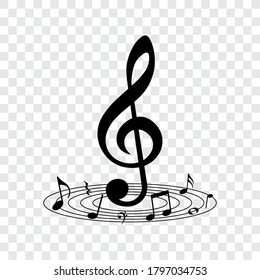 Music notes on oval lines with treble clef, vector illustration.