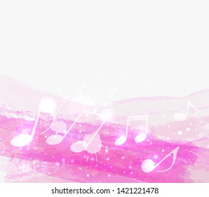 Music notes on pink paint brushed abstract watercolor background. Musical concept background.