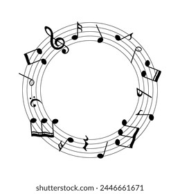 Music notes on round lines, musical vector shape.