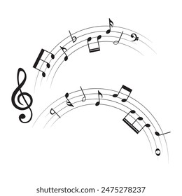 Music notes on rounded lines, musical set, vector illustration.