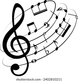 Music notes on rounded shape, black musical element, vector illustration.