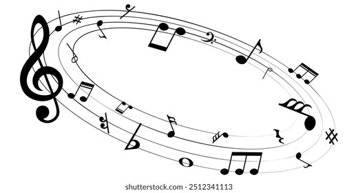 Music notes on rounded shape, black musical element, vector illustration.