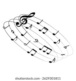 Notes de musique sur forme arrondie, élément musical noir, illustration vectorielle.