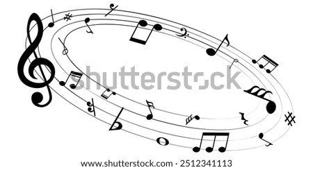 Music notes on rounded shape, black musical element, vector illustration.