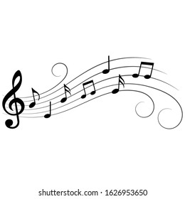 Music notes on stave, decorated with swirls, vector illustration.