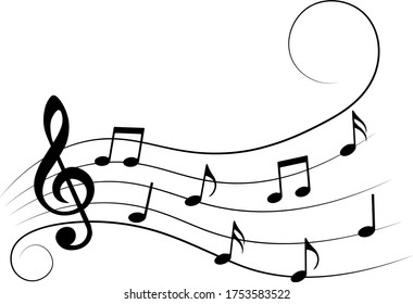 Music notes on stave with swirls, vector illustration.