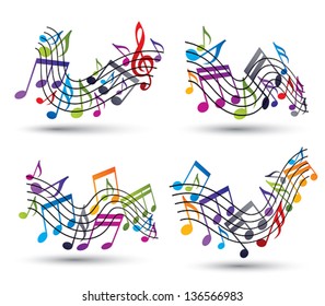 Music notes on staves, set of vector abstract music theme symbols for design.