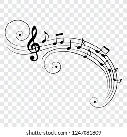 Music notes on staves with swirls, isolated, vector illustration.