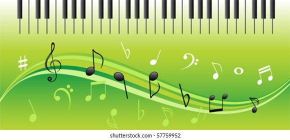Music notes on swirls with piano keys