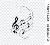 Music notes on wavy lines with swirls, vector illustration.