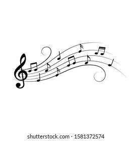 Music notes. Music notes on wavy lines with swirls. Vector illustration.