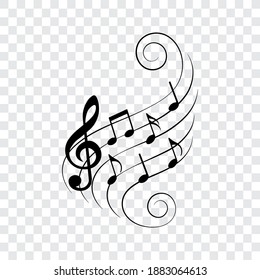 Music notes on wavy lines with swirls, vector illustration.