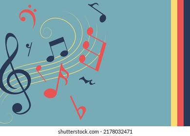 Music notes on wavy lines, vintage retro colors, musical background design, vector illustration.