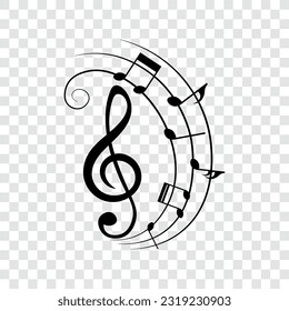 Music notes on wavy lines with swirls, vector illustration.