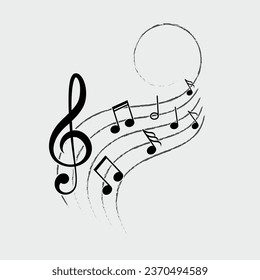 Music notes on wavy lines with swirls, vector illustration.