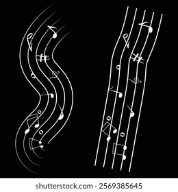 Music notes on wavy lines with swirl, vector illustration. Music notes vector.