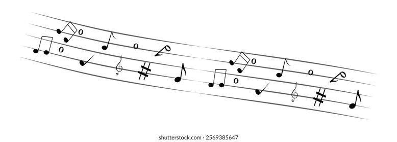 Music notes on wavy lines with swirl, vector illustration. Music notes vector.