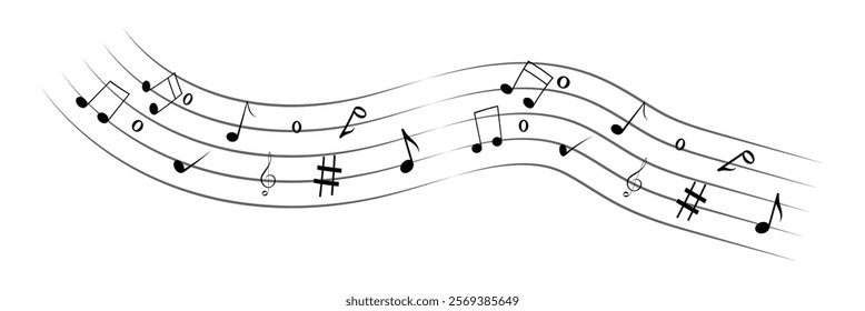 Music notes on wavy lines with swirl, vector illustration. Music notes vector.