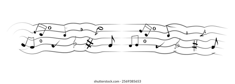 Music notes on wavy lines with swirl, vector illustration. Music notes vector.