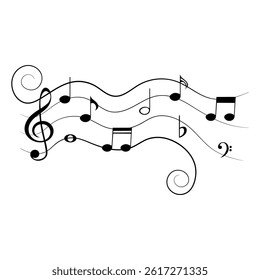 Music notes on wavy lines with swirl, vector illustration.
