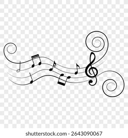 Music notes on wavy lines with swirl, vector illustration.