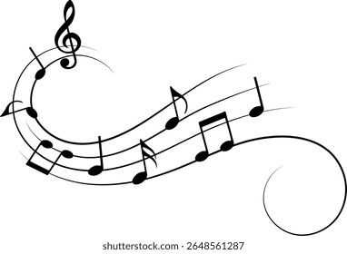 Music notes on wavy lines with swirl, vector illustration.