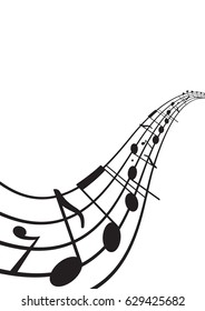 Music notes on wavy staff. A4 size page. Graphic design element for web, flyers, prints, flyers, prints. Abstract vector illustration.