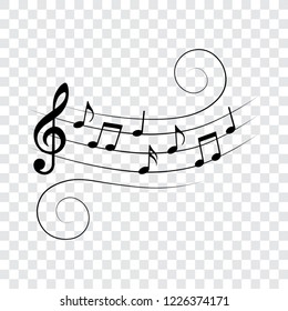 Music notes on wavy stave, isolated, vector illustration.