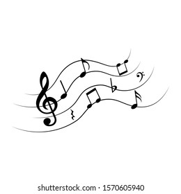 Music notes on wavy stave, musical symbols, isolated on white background, vector illustration.