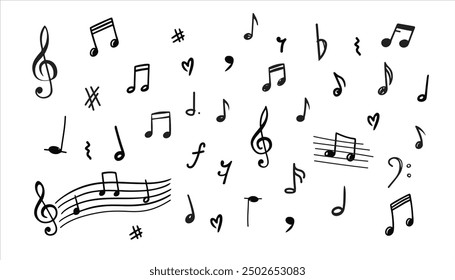 Music notes on a white background. Hand drawn music note. Doodle drawing music symbol sketch. Vector icons 