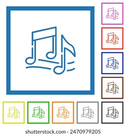 Music notes outline flat color icons in square frames on white background