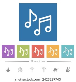 Music notes outline flat white icons in square backgrounds. 6 bonus icons included.