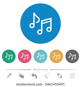 Music notes outline flat white icons on round color backgrounds. 6 bonus icons included.