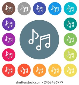 Music notes outline flat white icons on round color backgrounds. 17 background color variations are included.