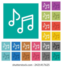 Music notes outline multi colored flat icons on plain square backgrounds. Included white and darker icon variations for hover or active effects.