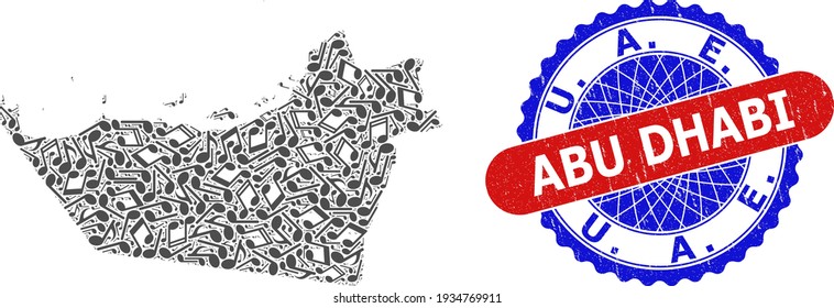 Music Notes Pattern for Abu Dhabi Emirate Map and Bicolor Textured Stamp