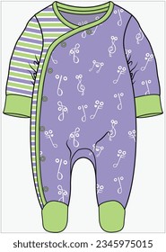 MUSIC NOTES PATTERN ANS STRIPER DETAIL JUMPSUIT, PLAYSUIT, ROMPER, ONESIES DESIGN FOR BABIES, INFANT GIRL AND TODDLER GIRLS IN VECTOR ILLUSTRATION