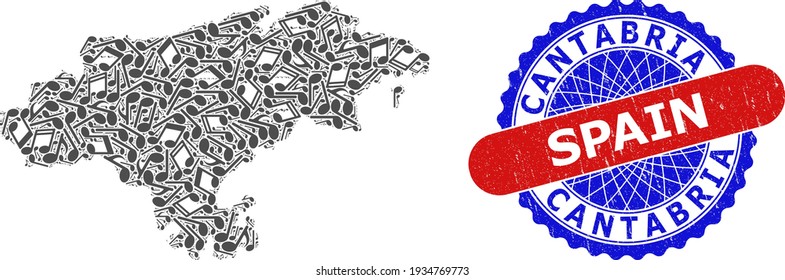 Music Notes Pattern for Cantabria Province Map and Bicolor Scratched Stamp Badge