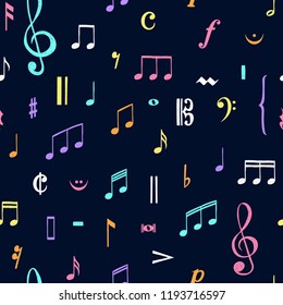 Music notes pattern. Music doodles background. Piano keys. Treble clef. Hand drawn effect vector. G-clef. Scribbles. Audio. Piano. Symphony. Song. Sing. Melody. Classic music.