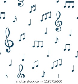 Music notes pattern. Music doodles background. Piano keys. Treble clef. Hand drawn effect vector. G-clef. Scribbles. Audio. Piano. Symphony. Song. Sing. Melody. Classic music.