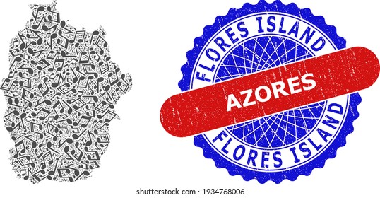 Music Notes Pattern for Flores Island of Azores Map and Bicolor Grunge Rubber Stamp