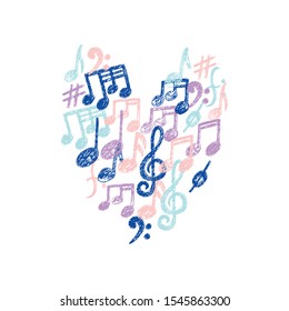 Music Notes pattern in a Heart shape. Cute hand drawn Music Keys t-shirt print, romantic card, love message. Printable fabric design element isolated on white. Valentine Day music symbol. Vector