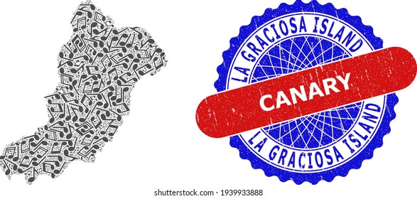 Patrón de notas musicales para el mapa de la isla de La Graciosa y el sello de goma texturada de color