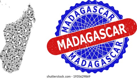 Patrón de notas musicales para el mapa de la isla de Madagascar y el sello de color